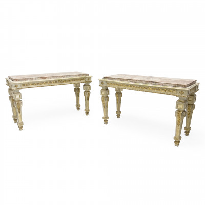 Image for Lot Italian Neoclassical Parcel Gilt Carved Wood Console Tables, Pair