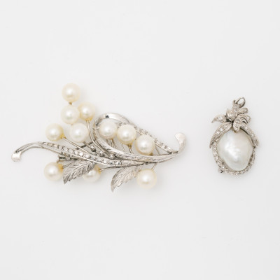 Image for Lot Cultured Pearl and Diamond Pendant and Brooch