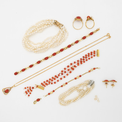 Image for Lot Yellow Gold, Coral, Pearl and Diamond Suite
