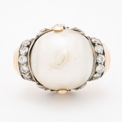 Yellow Gold, Cultured Pearl and Diamond Cocktail Ring