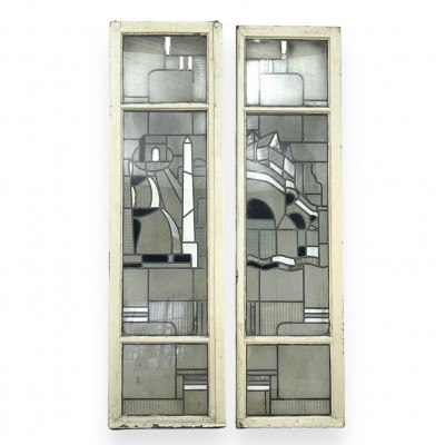Image for Lot Stained Glass Paneled French Doors, Pair
