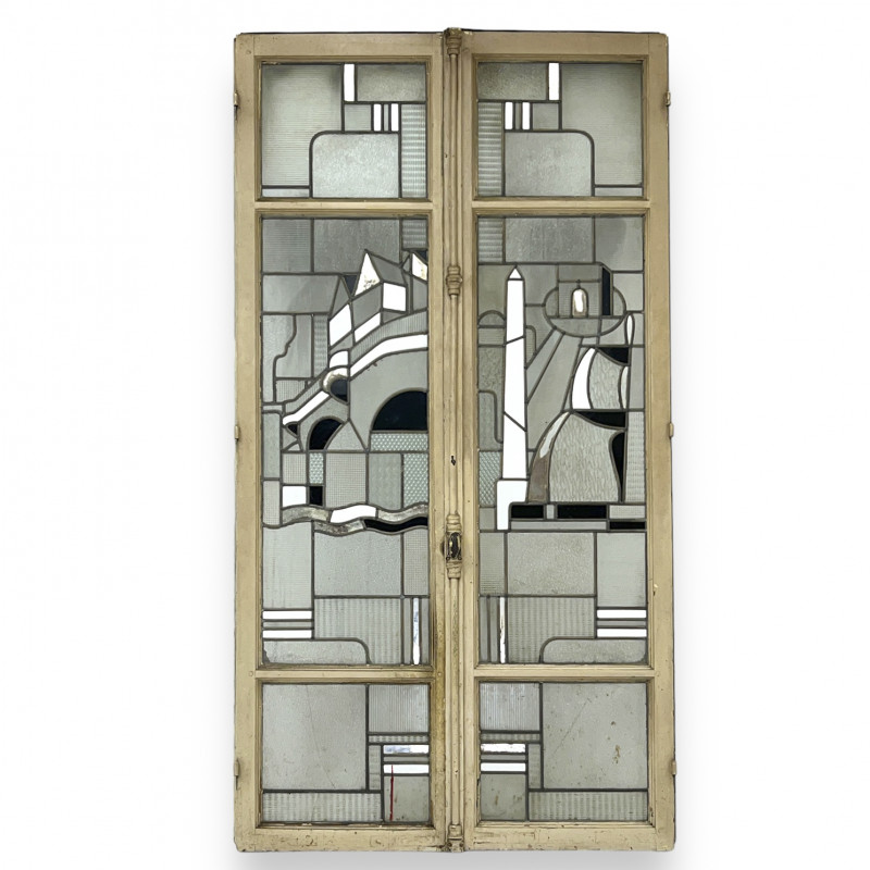 Stained Glass Paneled French Doors, Pair