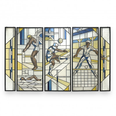 Image for Lot Monumental Art Deco Athletic Mural in 5 Stained Glass Panels