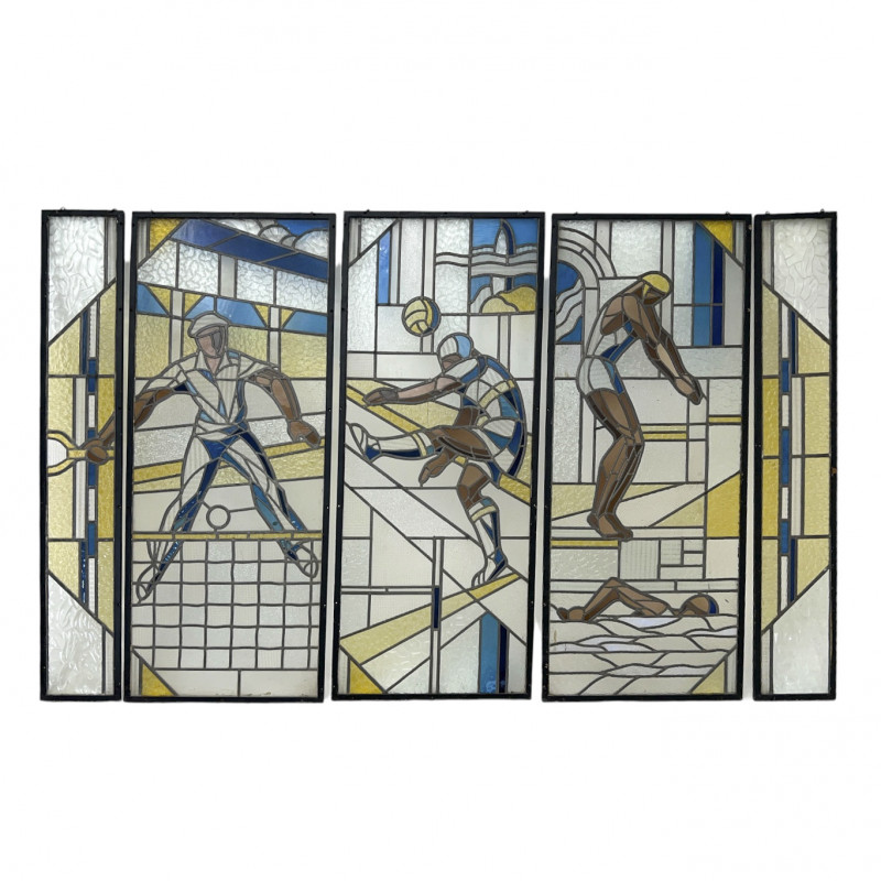 Monumental Art Deco Athletic Mural in 5 Stained Glass Panels