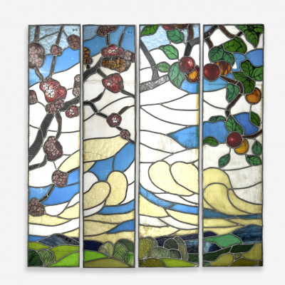 Image for Lot Stained Glass Landscape With Apples and Flowers