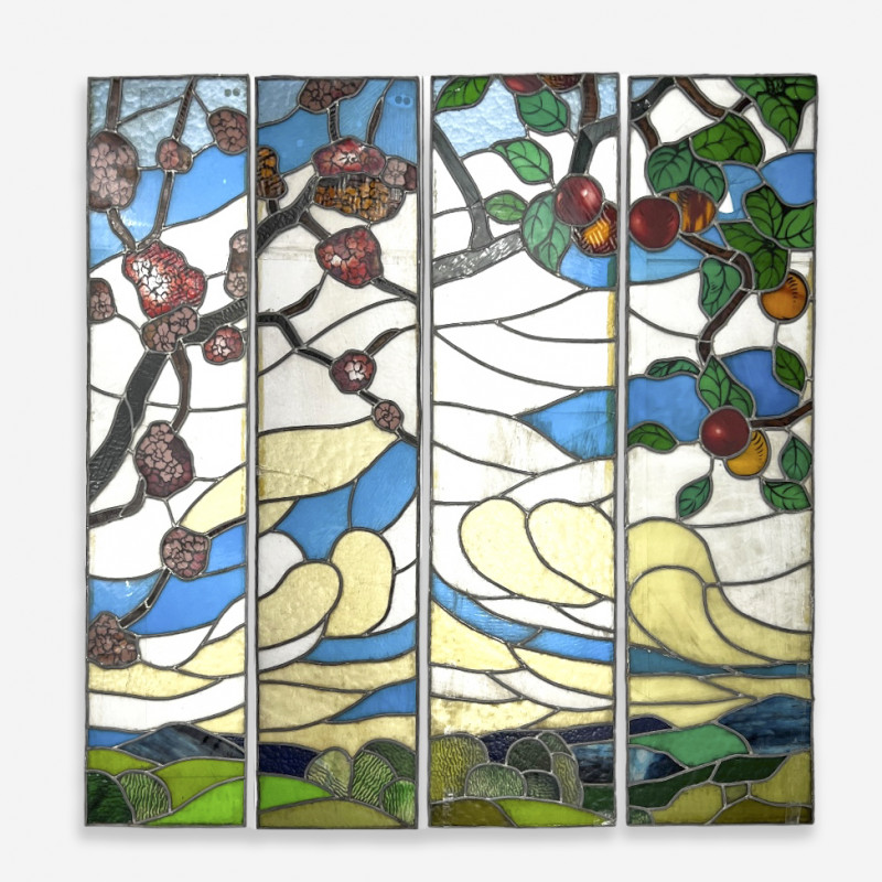 Stained Glass Landscape With Apples and Flowers