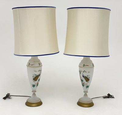 Pair of English Enameled Glass Peacock Lamps