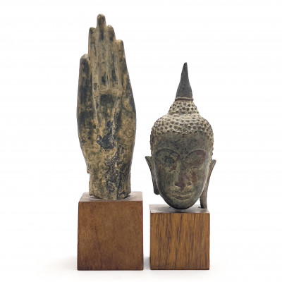 Sino-Tibetan - Bronze Buddha Head and Hand, Group of 2