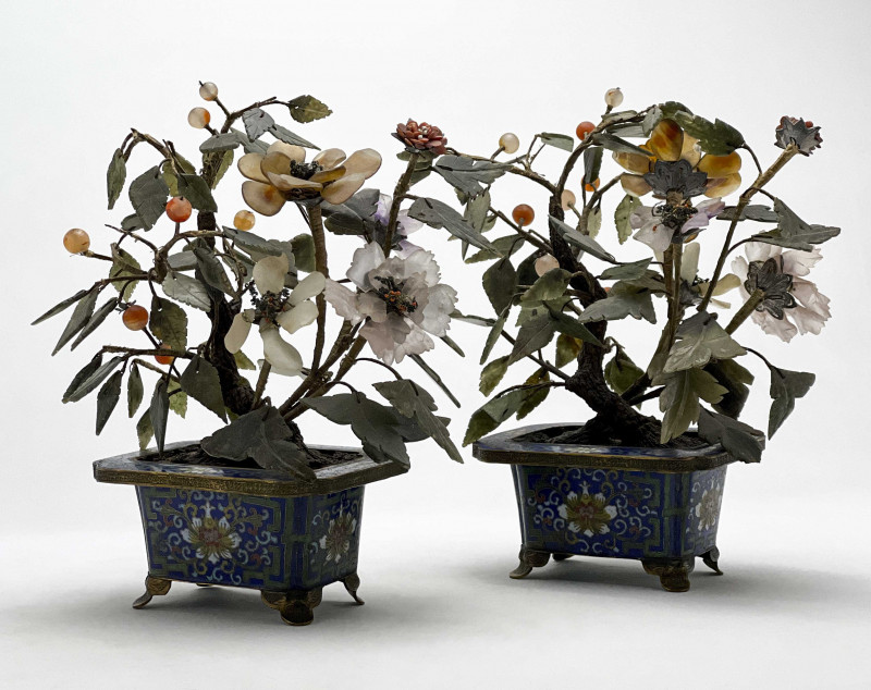 Chinese - Jade Tree in Cloisonné Flower Pot, Pair