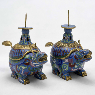 Image for Lot Chinese - Qilin Cloisonné Candle Holders, Pair