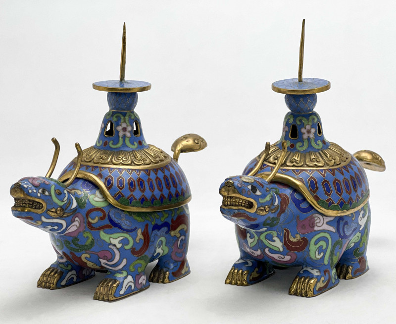 Chinese - Qilin Cloisonné Candle Holders, Pair