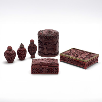 Chinese - Cinnabar Style Snuff Bottles and Desk Accessories, Group of 6