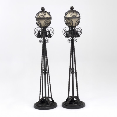 Image for Lot Art Deco Wrought Iron Floor Lamps, Pair
