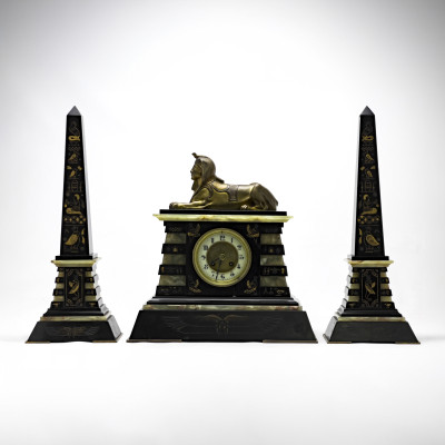 Egyptian Revival Marble Clock & Obelisks Set