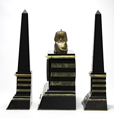 Egyptian Revival Marble Clock & Obelisks Set