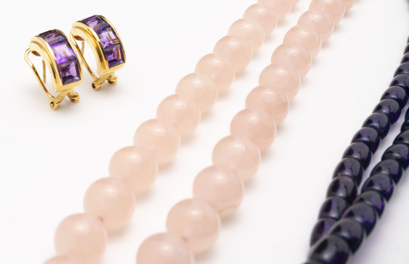 Amethyst and Rose Quartz Necklaces and Earrings, with Gold Elements