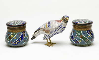 Image for Lot Chinese Cloisonné Figure of a Bird and Two Cloisonné Jars, Group of 3