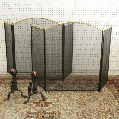 Image for Lot Pr Georgian Style Copper Andirons & Fire Screens