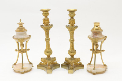 Image for Lot 2 Pair French Gilt Bronze Candlesticks 19th C