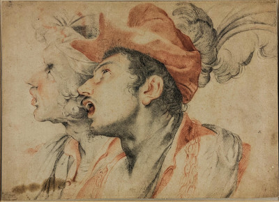 Title Attributed to Giulio Cesare Procaccini - Heads of Two Men in Fanciful Headgear / Artist