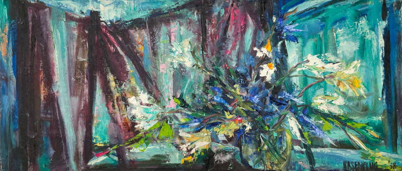Florence Hasenflug - White Flowers with Blue Background