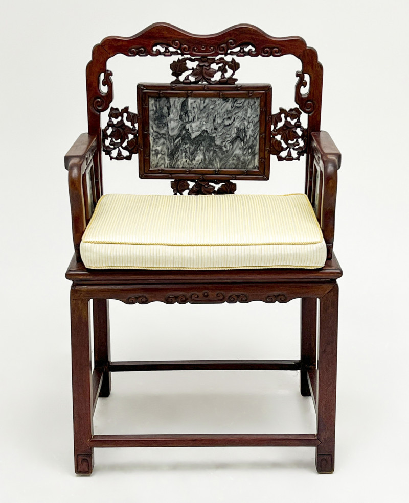 Chinese Marble Inset Carved Wood Chair
