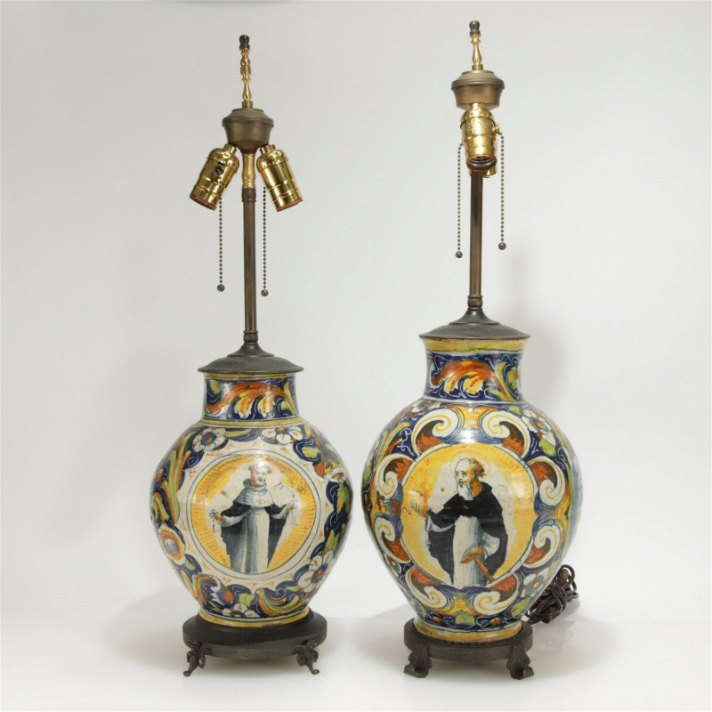 Image 1 of lot 2 Italian Majolica Vases as Table Lamps