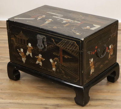 Image for Lot Chinese Black Lacquer Gilt Decorated Chest