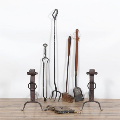 Image for Lot Arts And Crafts Style Andirons: Fireplace Tool Set