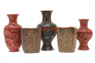 Three Carved Cinnabar Vases and Two Ox Horn Cups
