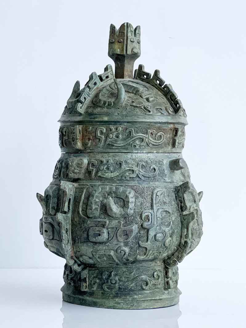Chinese Archaic Style Bronze 'You' Form Vessel and Cover