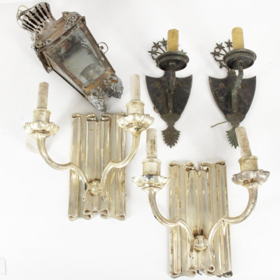 Image for Lot 2 Pair Silverplate  Brass Sconces Hall Lantern