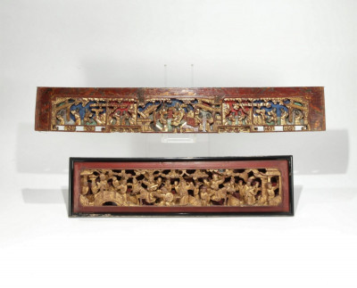 Image for Lot 2 Chinese Wood Carved Panels Gilt & Red Lacquer