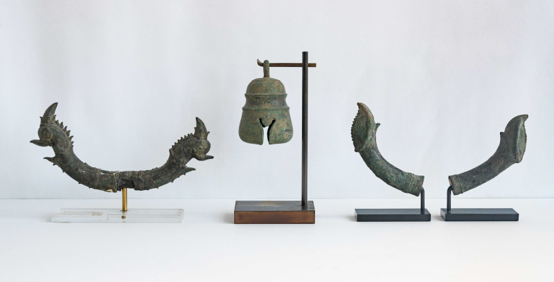Two Khmer Bronze Palanquin Pole Ends and Bronze Temple Bell