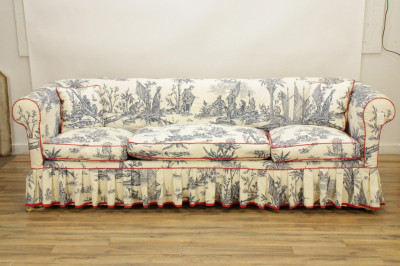 Image for Lot Blue and White Toile Slipcover Roll Arm Sofa