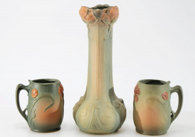 Image for Lot Weller Art Nouveau Pottery Vase & Mugs