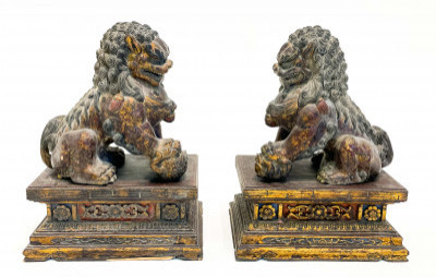 Image for Lot Pair of Chinese Gilt Lacquered Wood Buddhist Lions