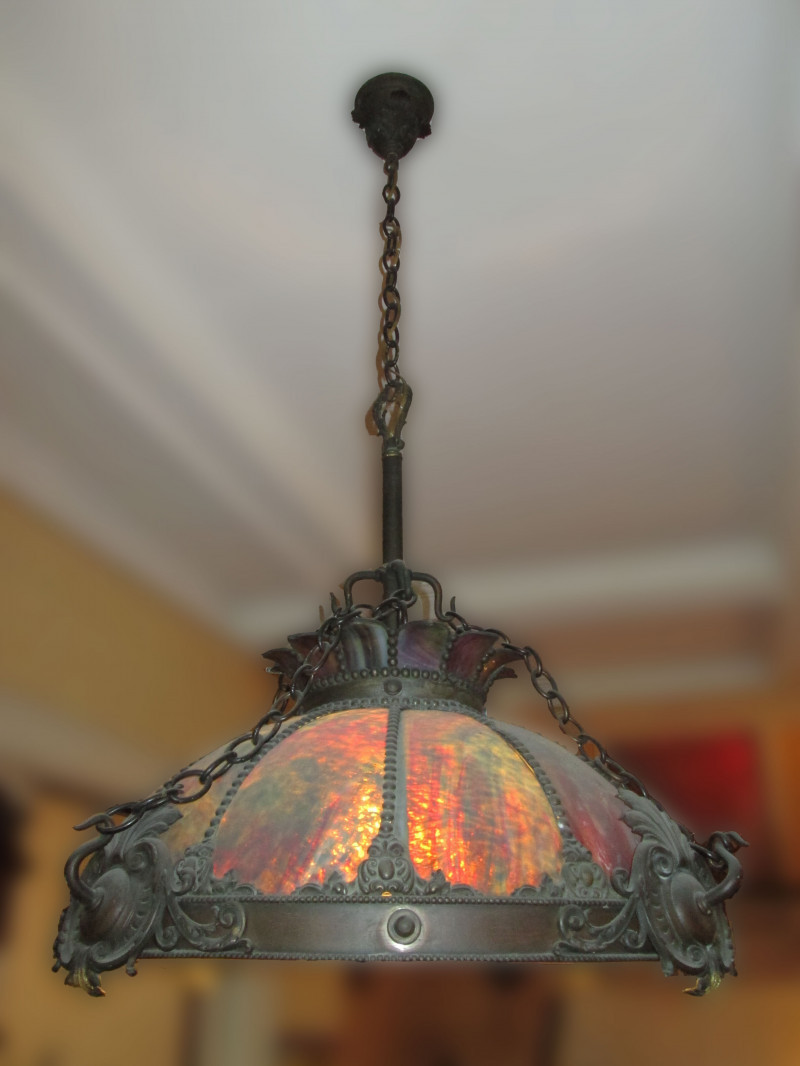 Arts and Crafts Metal and Slag Glass Chandelier