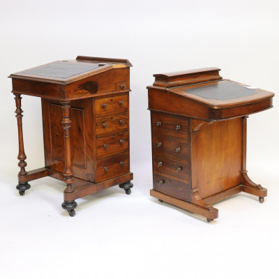 2 Victorian Inlaid Walnut Davenport Desks, 19th C.
