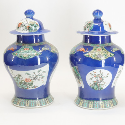 Pair of Chinese Famille Verte Temple Jars