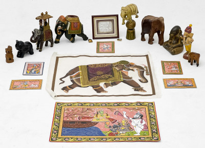 Image for Lot Indian Pattachitra Paintings and Elephant Sculptures, Group of 19