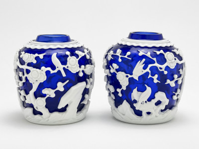 Image for Lot Pair of Chinese Peking Blue Over White Glass Vases
