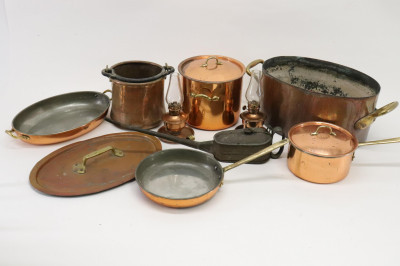 Image for Lot Nine Copper Cooking Vessels, Oil Lamps