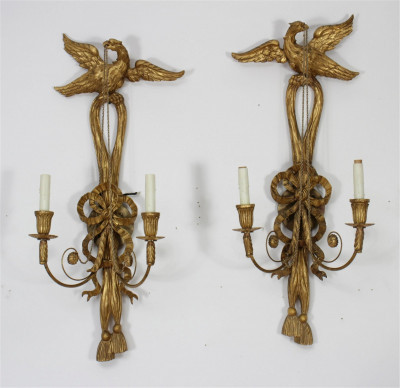 Image for Lot Pair of Regency Style Giltwood Eagle Sconces