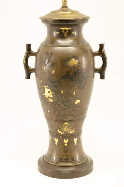 Image for Lot Japanese Bronze & Mixed Metal Vase Lamp