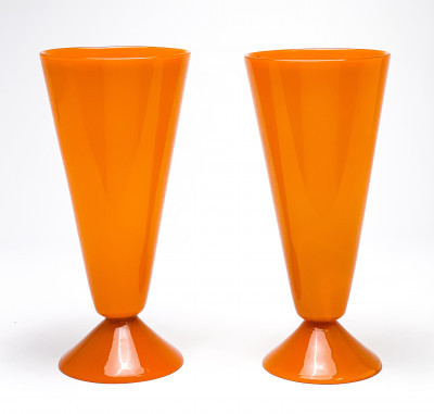 Pair of Italian Orange Cased Glass Vases