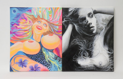 Image for Lot 2 Paintings - "Burn Black" and "Neon Woman"