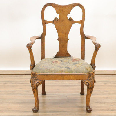 Image for Lot George I Style Burl Walnut Open Armchairs