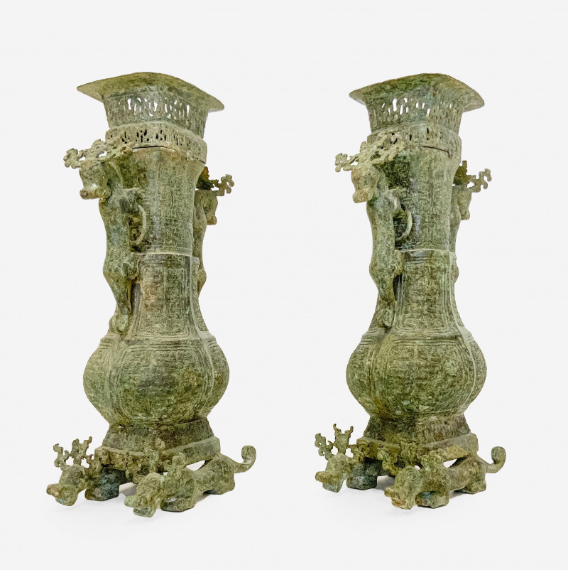 Pair of Chinese Bronze Archaic Style Hu Form Vessels