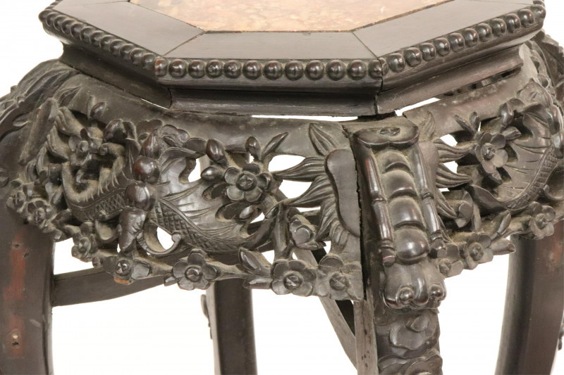Image 3 of lot 19th C. Carved Chinese Stands With Marble Inserts